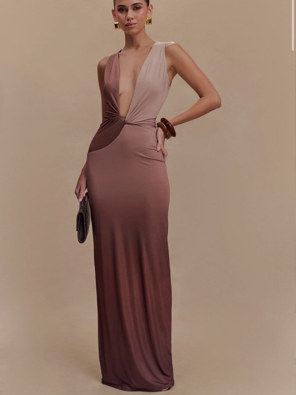 Meshki Taupe to Chocolate Ombre Plunge Maxi Dress